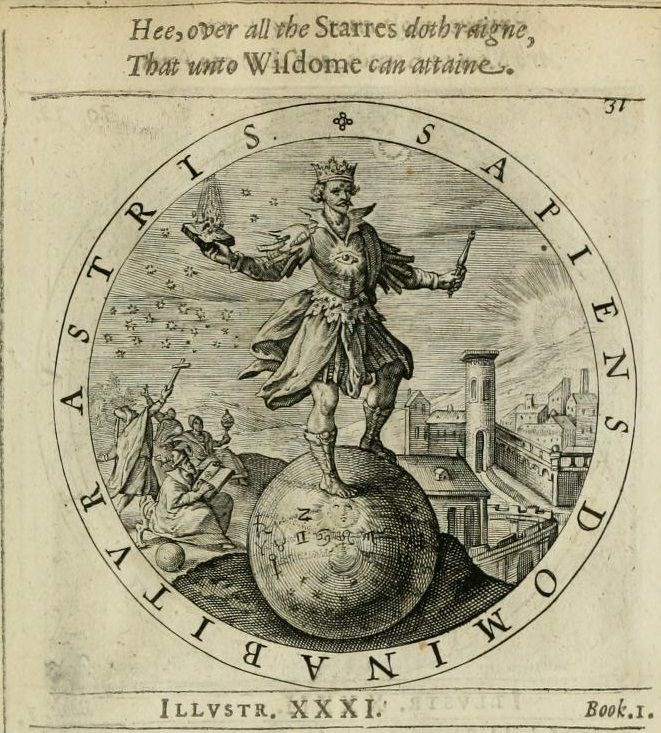 Bild zeigt Weisheitsemblem (1635), Ausschnitt: SAPIENS DOMINABITUR ASTRIS. Der Text lautet frei übersetzt: „Wer wahre Weisheit erlangt, wird Herrscher über alle Gestirne sein.“